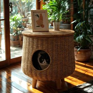 เตียงแมวไม้ดีไซน์ใหม่ปี 2024 รูปทรงถ้ำ ใช้เป็นโต๊ะข้างเตียงได้  ทำจากหวายสาน  บ้านแมวสำหรับทุกฤดู บรรจุภัณฑ์กล่องกระดาษ - Product Image 1