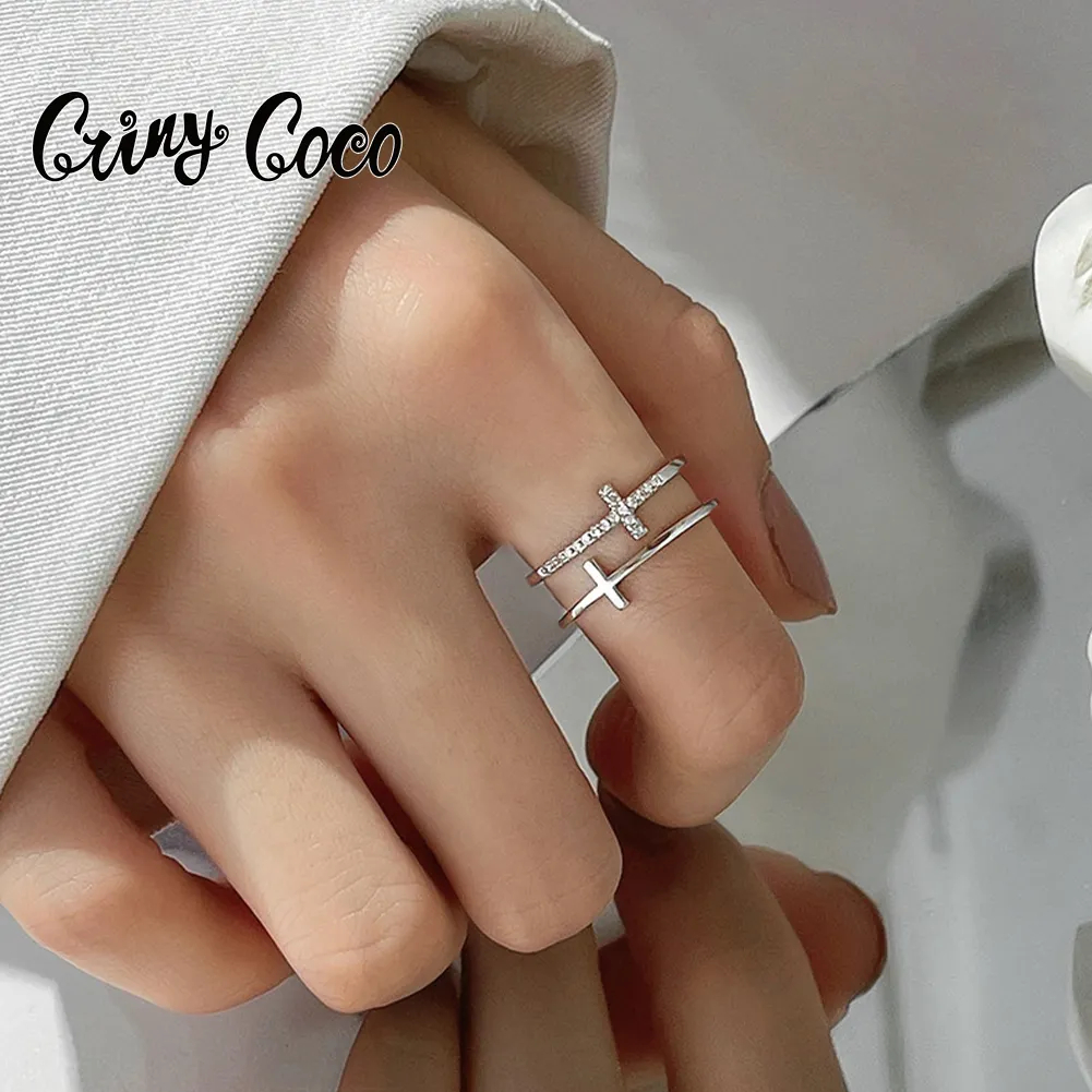 Cring Coco Dubbellaags Kruisring Dames Eenvoudige Open Mousserende Diamanten Ring Koper Zirkoon Ins Ring Groothandel