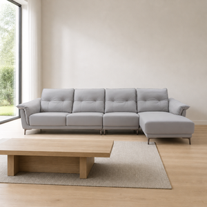 Canapé d'angle capitonné en forme de L avec chaise longue, pieds en métal argenté, capitonnage boutonné, profil bas, modulaire, pour salon, hôtel, villa - Product Image 2