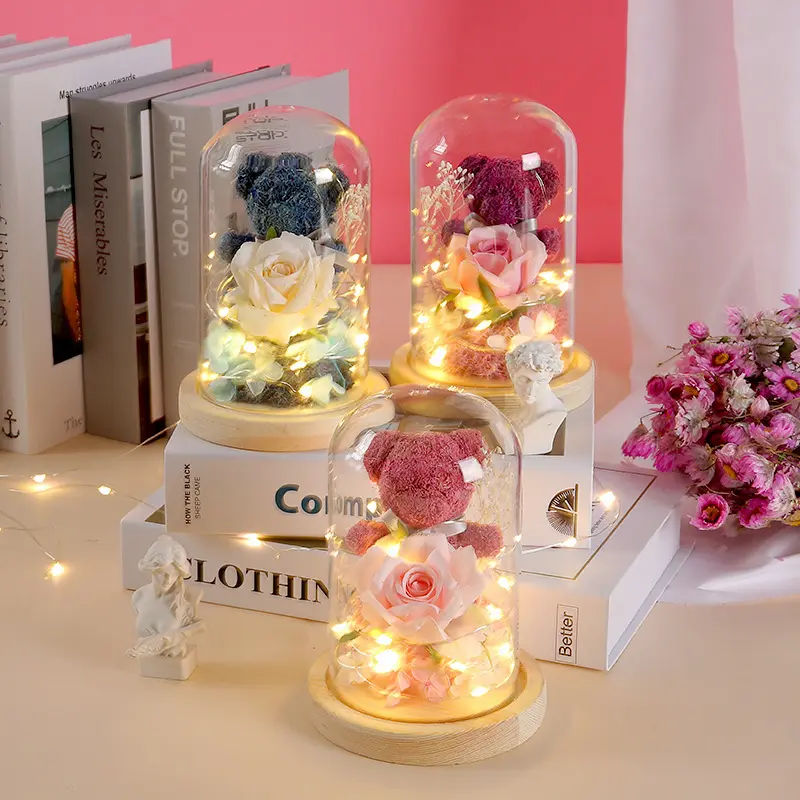 MINHONG-ramo de flores preservadas de vidrio, caja de regalo, rosa de oso, regalo de San Valentín para novia