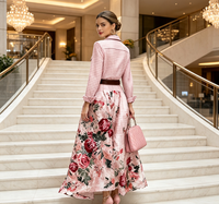 Ensemble deux pièces pour femmes, chemise à manches longues à carreaux, jupe longue à imprimé floral rose, tenue décontractée élégante pour femmes, vêtements de mode pour femmes