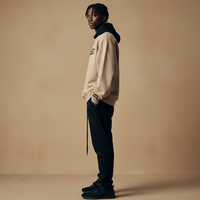Sweat-shirt à capuche de luxe streetwear urbain, kaki et noir, à capuche superposée, coupe et couture personnalisées, coupe ample, vente en gros
