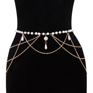 สร้อยคาดเอวไข่มุกเทียมสำหรับผู้หญิง สีทองขาว รูปทรงหยดน้ำ แฟชั่นสำหรับงานปาร์ตี้ สร้อยคาดตัวหลายชั้น สไตล์ฮิปฮอป - Product Image 1