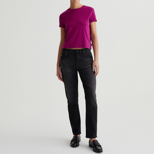 T-shirt girocollo cropped personalizzata da <span class=keywords><strong>donna</strong></span>, rosa <span class=keywords><strong>fucsia</strong></span>, in tessuto ecologico a costine, servizio di stampa OEM/ODM - Product Image 5