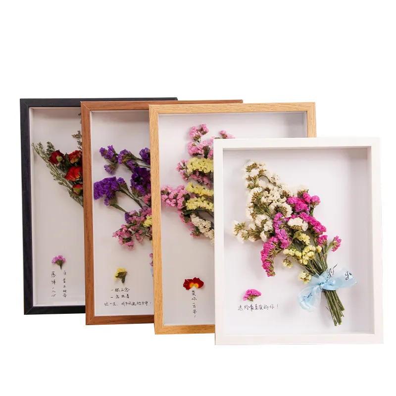 Factory customized christmas display flowers diy personalized dried flower photo frame wood shadow box
