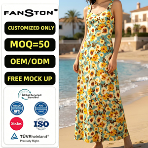 Abito da vacanza al mare transfrontaliero 2026, Abito francese da donna con scollo a U e vita cinata, Nuovo abito midi alla moda con stampa digitale all'ingrosso - Product Image 1