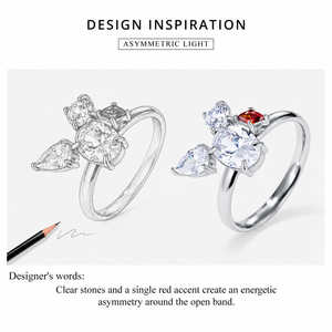 Mixed Zircon Open <b>Ring</b> Stainless Steel Silver Tone Clear Pear Red Accent Stone <b>Statement</b> <b>Ring</b> - Product Image 2