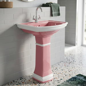 Lavabo Cuadrado Tradicional de Cerámica Blanca con Pedestal Completo y Diseño Dorado Impreso, Juego de Lavabo para Baño - Product Image 6