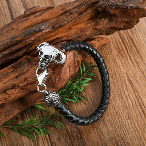 Skull Bracelet Leather Cord Braided Alloy <b>Bangle</b> Tibetan Silver Skeleton Design Gift Jewelry <b>for</b> <b>Men</b> Women - Product Image 4