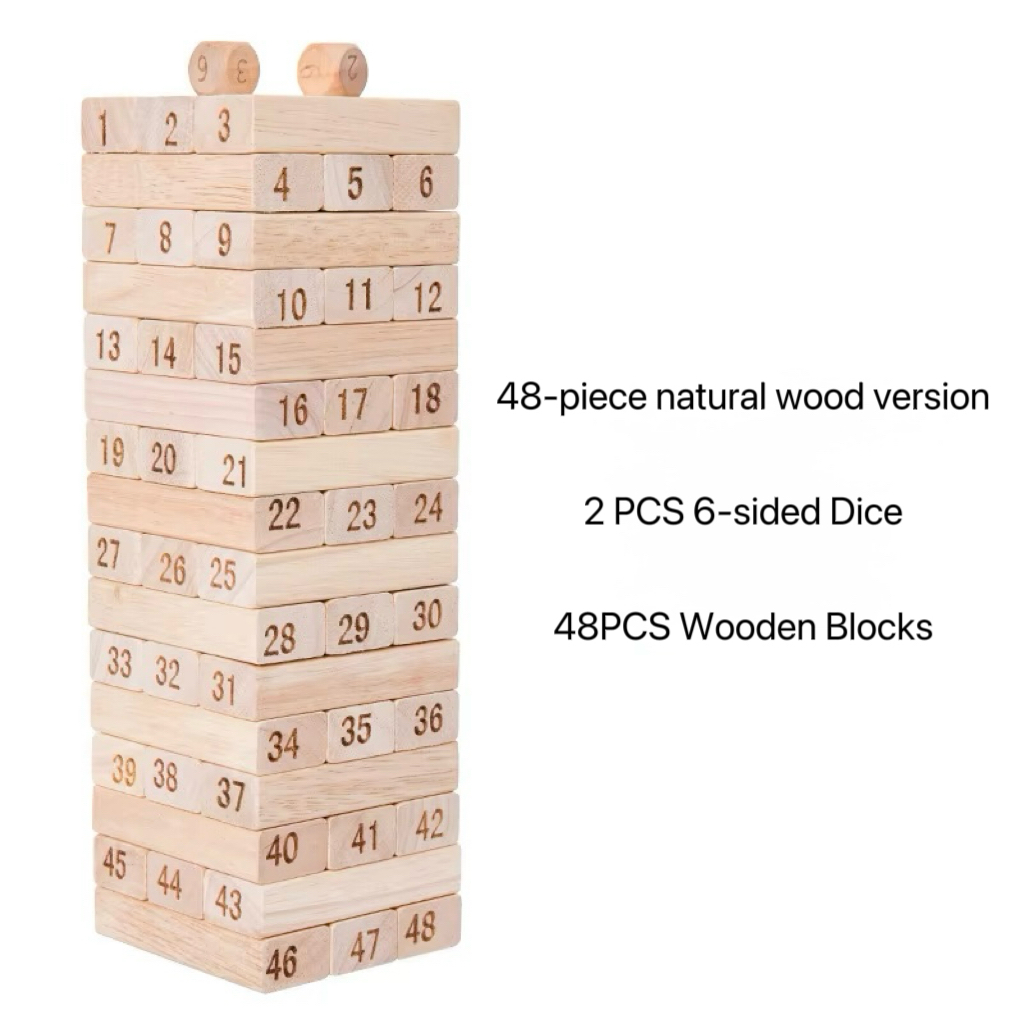 Juego de apilar madera + 2 dados - color madera natural, 48 piezas.