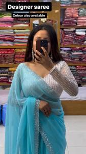 Sari de Diseño con Estampado y Estilo de Volantes de Bollywood para Fiesta, en Georgette Arrugado, para Mujer, Últimos Diseños de Blusas de Sari de la India - Product Image 4