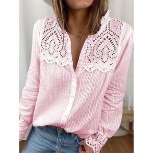 New Women's Lace <b>Patchwork</b> Hollow Stand-up Collar Long-sleeved <b>Shirt</b> Fashion - Product Image 3