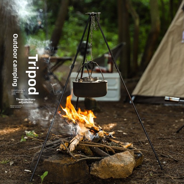 3-Section Portable Ultra-Light Aluminum Alloy Tripod Outdoor Camping Picnic Bonfire Fire-Building Eco-Friendly Hanging Pot Stand