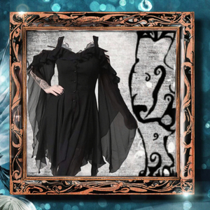 Sling sans bretelles épaule maille manches évasées plissé ourlet irrégulier <span class=keywords><strong>Halloween</strong></span> film TV Costumes femmes gothique <span class=keywords><strong>Punk</strong></span> robe noire - Product Image 2