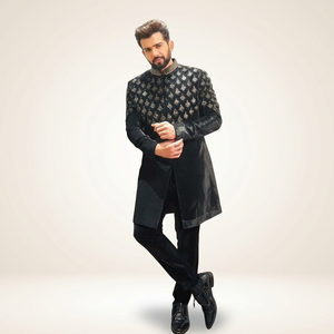 NEW-BEAUTIFUL EMBROIDERY on STYLISH BLACK VELVET SHERWANI and <b>PANT</b> WITH Men's Suits & Blazer>Men's Suits - Product Image 3