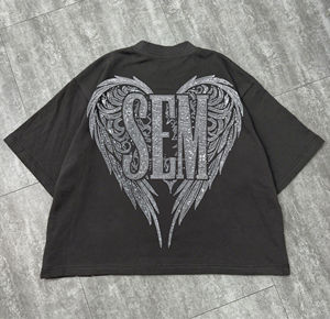 Camiseta de Algodón Grueso Personalizada Unisex, Estilo Primavera con Hombros Caídos, Camiseta de Lujo con Pedrería, Streetwear, Camisetas Gráficas Oversize - Product Image 4