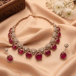 Luxury Rose Gold Plated Cubic Zirconia <b>Ruby</b> Red Gemstone Imitation <b>Necklace</b> Ideal Choice for Women Bridal Wedding Wear - Product Image 5