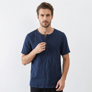 Camicie da <span class=keywords><strong>Uomo</strong></span> in <span class=keywords><strong>Lino</strong></span> OEM <span class=keywords><strong>100</strong></span>% <span class=keywords><strong>Lino</strong></span> Senza Colletto Manica Corta Mezza Abbottonatura Casual Tinta Unita Fornitura Diretta dalla Fabbrica - Product Image 3
