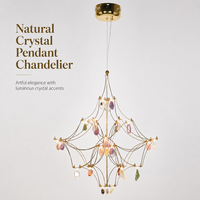 Lustre en cristal naturel, lampe suspendue LED dorée à intensité variable, luminaire de plafond artistique de luxe, garantie de 2 ans, salle à manger