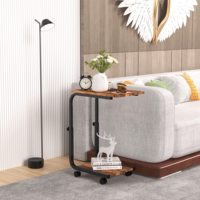 Table basse en bois mobile réglable avec côté en forme de C en métal de haute qualité Mesa De Centro pour chambre à coucher salon avec roues