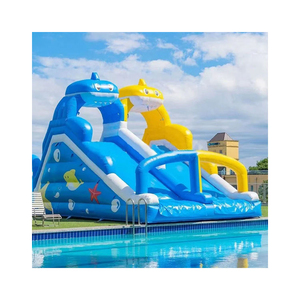 Parco Acquatico Gonfiabile a Tema Squalo di Grado Commerciale, Design Blu e Giallo per Piscine e Noleggio Estivo - Product Image 1