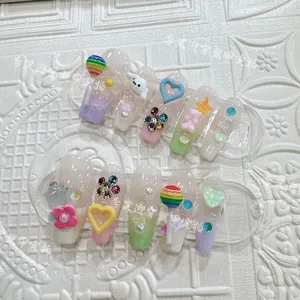 Con gran descuento lindo falso fiesta <span class=keywords><strong>uñas</strong></span> pegatina dulce chica acrílico dibujos animados corto cabeza redonda hecho a mano prensa en las <span class=keywords><strong>uñas</strong></span> - Product Image 2