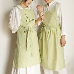 Moss Green Sleeveless Apron With Paris Embroidery Tie Front Vest Style For Kitchen Baking Daily Use - Product Image 1