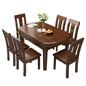 Dazhang Jiaju Walnut Solid Wood Round Dining <b>Table</b> <b>And</b> <b>Chair</b> Set 7 Piece Extendable <b>Foldable</b> Space Saving Modern Minimalist - Product Image 5