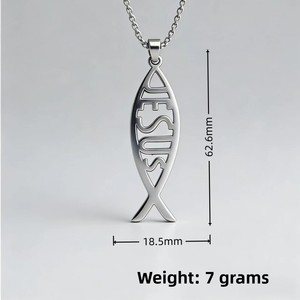 Collier pendentif unisexe tendance hip-hop en acier inoxydable avec chaîne en bambou, motif poisson ajouré, lettre anglaise et <span class=keywords><strong>nom</strong></span> <span class=keywords><strong>de</strong></span> Jésus - Product Image 4