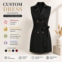 Robe blazer noire sans manches pour femme, col à revers, double boutonnage, taille à nouer, mini-robe, style vintage, décontractée, streetwear d'été