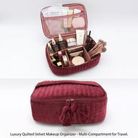Sac de maquillage personnalisé OEM en velours matelassé à texture fourrure, organiseur de beauté pour soins de la peau, trousse de toilette pour femmes, boîte à cosmétiques pour voyage