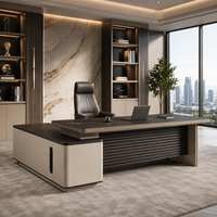 Bureau de direction contemporain haut de gamme avec armoire latérale, table de patron en bois foncé pour espace de travail de président ou de directeur
