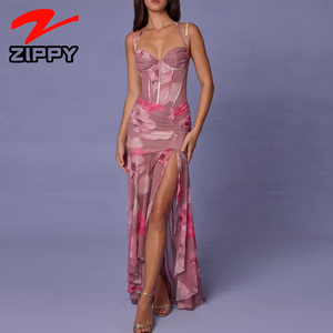 Tùy Chỉnh Thời Trang Lưới <span class=keywords><strong>In</strong></span> Maxi Dress Sexy Bodycon Ruched Cao Slit Thiết Kế Strappy Ăn Mặc Giản Dị Kỳ Nghỉ Buổi Tối Dài Ăn Mặc - Product Image 2