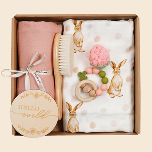 Caja de Regalo para Recién Nacido, Set de Regalo Orgánico para Bebé, Manta de Muselina de Algodón para Bebé, Babero para la Dentición, Sonajero, Set de Juguetes de Madera para Hitos - Product Image 1