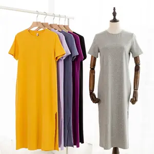 कस्टम ठोस रंग दौर गर्दन प्लस आकार साइड स्प्लिट लंबी रात कपड़े के लिए महिला कपास आरामदायक कपड़े महिलाओं नाइटवियर