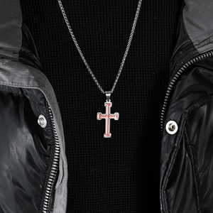 Stainless Steel <b>Cross</b> Pendant Necklace Unisex Geometric Design Red Inlay Bezel Setting - Product Image 3