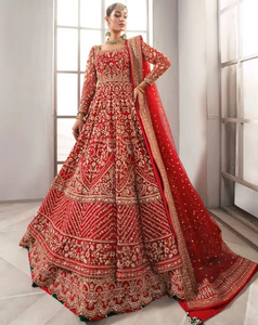 Trabajo de bordado Dabka pesado nupcial en vestido Anarkali y Lehenga adornado con cuentas de cristal y piedras para boda 2023 - Product Image 5