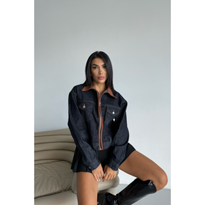 Veste en jean suédé Yaka bleu marine pour femme, coupe ajustée, vêtement d'extérieur décontracté - Product Image 4
