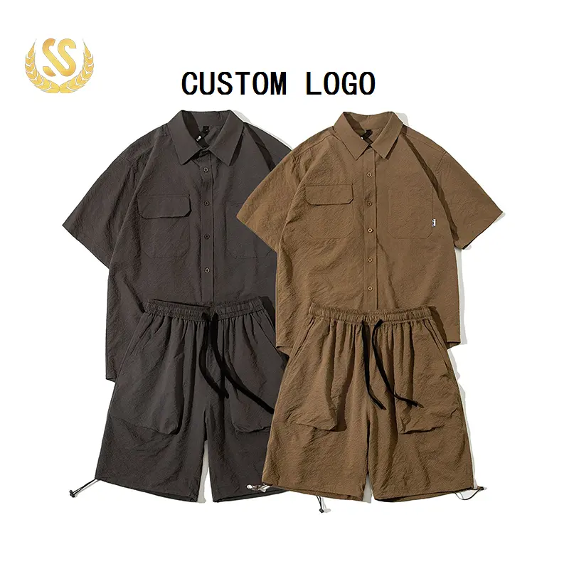 Mens polo T shirt short sets custom graphic logo Linen Lapel Collar Patch Pocket Shirt and Shorts 2 piece short sets