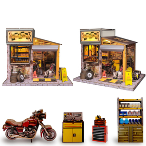 Maison de poupée en bois pour atelier de réparation automobile, jouet éducatif et kit de maison miniature à construire soi-même - Maison créative lumineuse et mobile à construire - Product Image 1