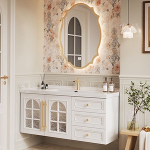 High end French retro style intelligent <b>mirror</b> cabinet multi-layer solid wood bathroom cabinet - Product Image 5