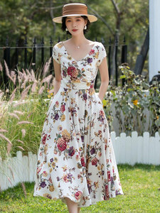 Robe pour femme OEM de haute qualité, col en V, motif floral, style décontracté, en lin/coton tissé, coupe ajustée, ligne A, longueur midi, manches évasées, imprimé personnalisé, idéale pour l'été - Product Image 1
