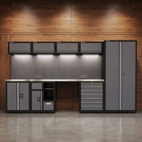 Système de rangement d'atelier et de garage 5 pièces avec panneau perforé, établi, éclairage LED et ensemble de meubles de sol