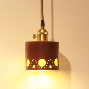 Handmade Hollowed-Out Cylinder Pendant <b>Light</b> Vintage Top Grain Veg-Tan Leather Brass <b>Chandelier</b> for Bedroom OEM - Product Image 1