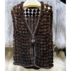 Mwfur Tự Nhiên Chồn Lông Pompoms Áo Ghi Lê Gilet Outwear Làm Tay Bất Chồn Fur Vest Cho Phụ Nữ