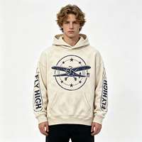 Sweat-shirt à capuche épais vintage délavé avec imprimé graphique biplan, couleur ivoire, effet soleil délavé et vieilli, style streetwear
