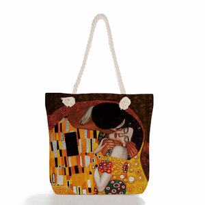 Bolsa de Lona de Gran Capacidad con Cierre de Cremallera y Dos Asas, Estampado de Personajes de Gustav <span class=keywords><strong>Klimt</strong></span>, de Algodón y Lino - Product Image 6