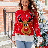 Pull en tricot de Noël personnalisé pour femme, col rond, décontracté, motif jacquard, motif de renne de dessin animé, pull d'hiver