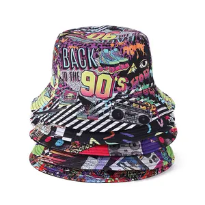 Venta al por mayor Vintage Streetwear Hip Hop 90s Graffiti Sombreros Hombres Unisex Moda Impresión Digital Festival Reversible Sombreros de cubo