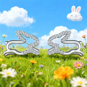 Boucles d'oreilles clous Finud Lapin en argent 925 avec cristaux pavés, design animal mignon, unisexe, pour usage quotidien - Product Image 3